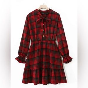 Plus Plaid Flounce Sleeve Tie Neck Ruffle Dress